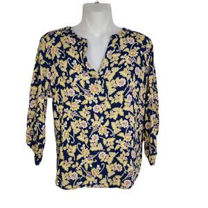 Daniel Rainn Women Top Small Koda Split Neck Blouse Tunic Blue Floral 3/4 Sleeve